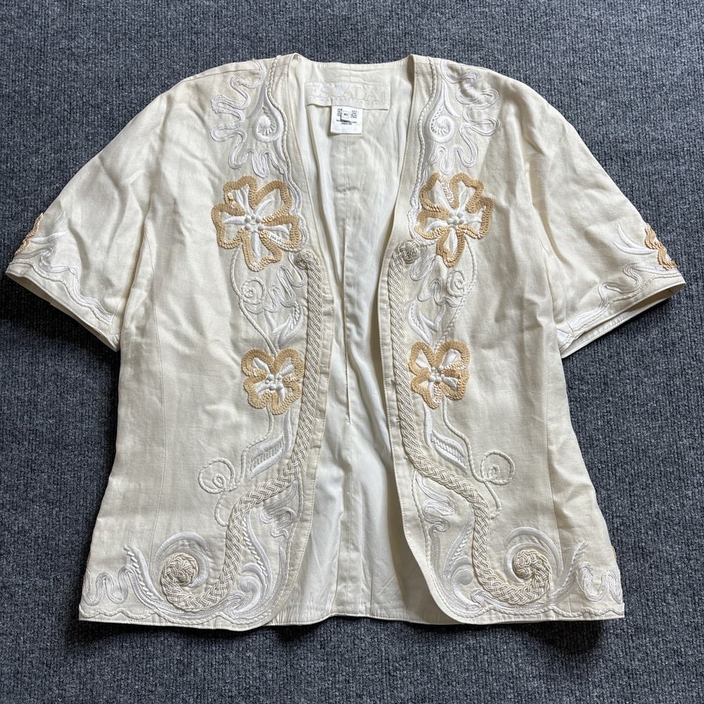 Vtg Escada Margaretha Ley Linen Blazer Women's 40 Embroidered Floral Open Front